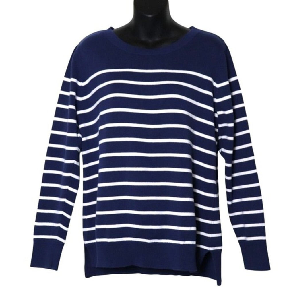 Nautical Coastal Striped Crewneck Sweater Navy White Cotton Liz Claiborne Large
